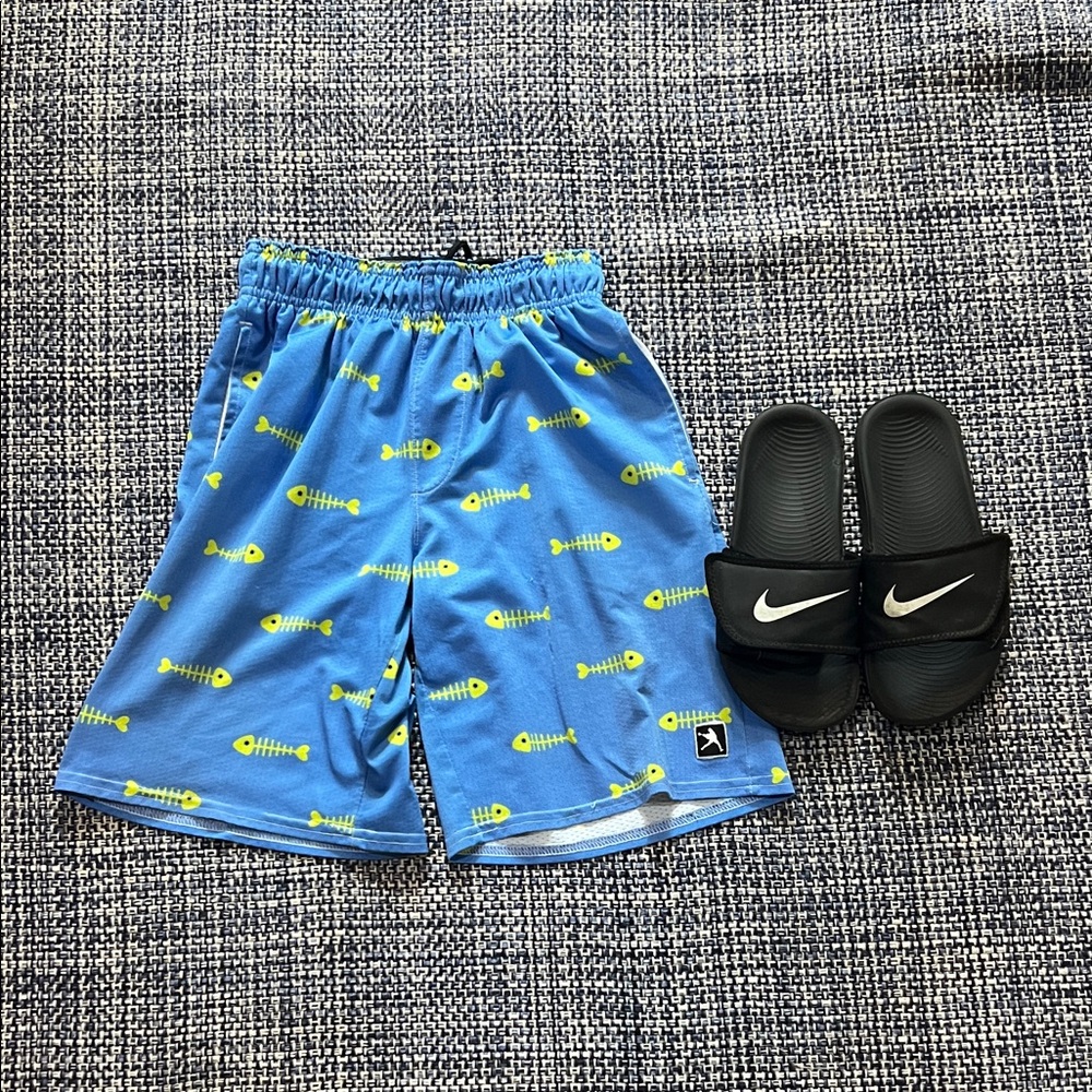 Perfect lax combo for 7 to 8yr Nike Black Slides with Blue Fish Print lax Shorts